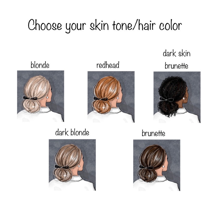 May include: Five illustrations of women with different hair colors and skin tones. The hair colors are blonde, dark blonde, redhead, brunette, and brunette with dark skin.