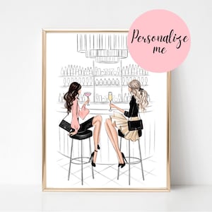 Fashion girls art print illustration, Best friends print, Girl power print, Custom besties print, Gift for bestie, Preppy poster print