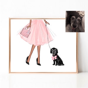 Op de afbeelding: Een digitale illustratie van een vrouw in een roze jurk die een zwarte hond met een roze strik uitlaat. De vrouw draagt een roze handtas.