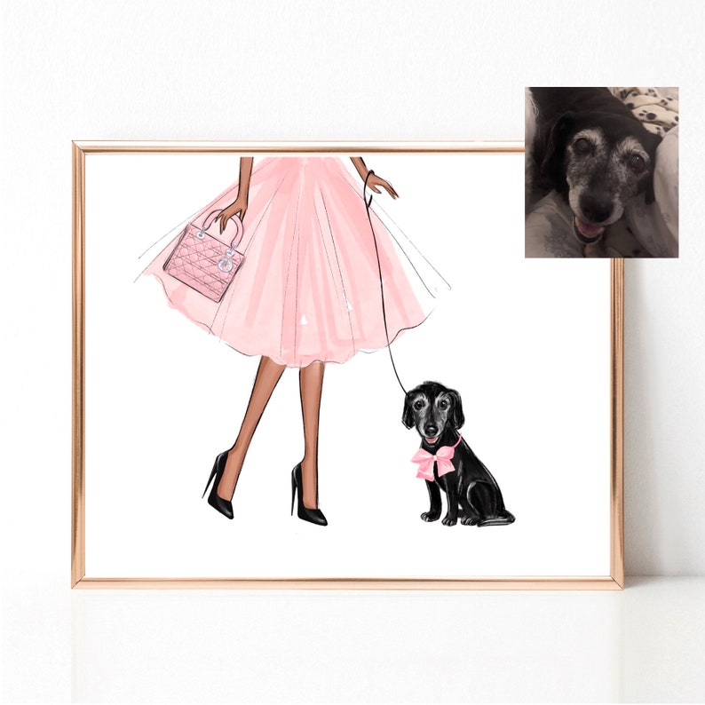 Op de afbeelding: Een digitale illustratie van een vrouw in een roze jurk die een zwarte hond met een roze strik uitlaat. De vrouw draagt een roze handtas.