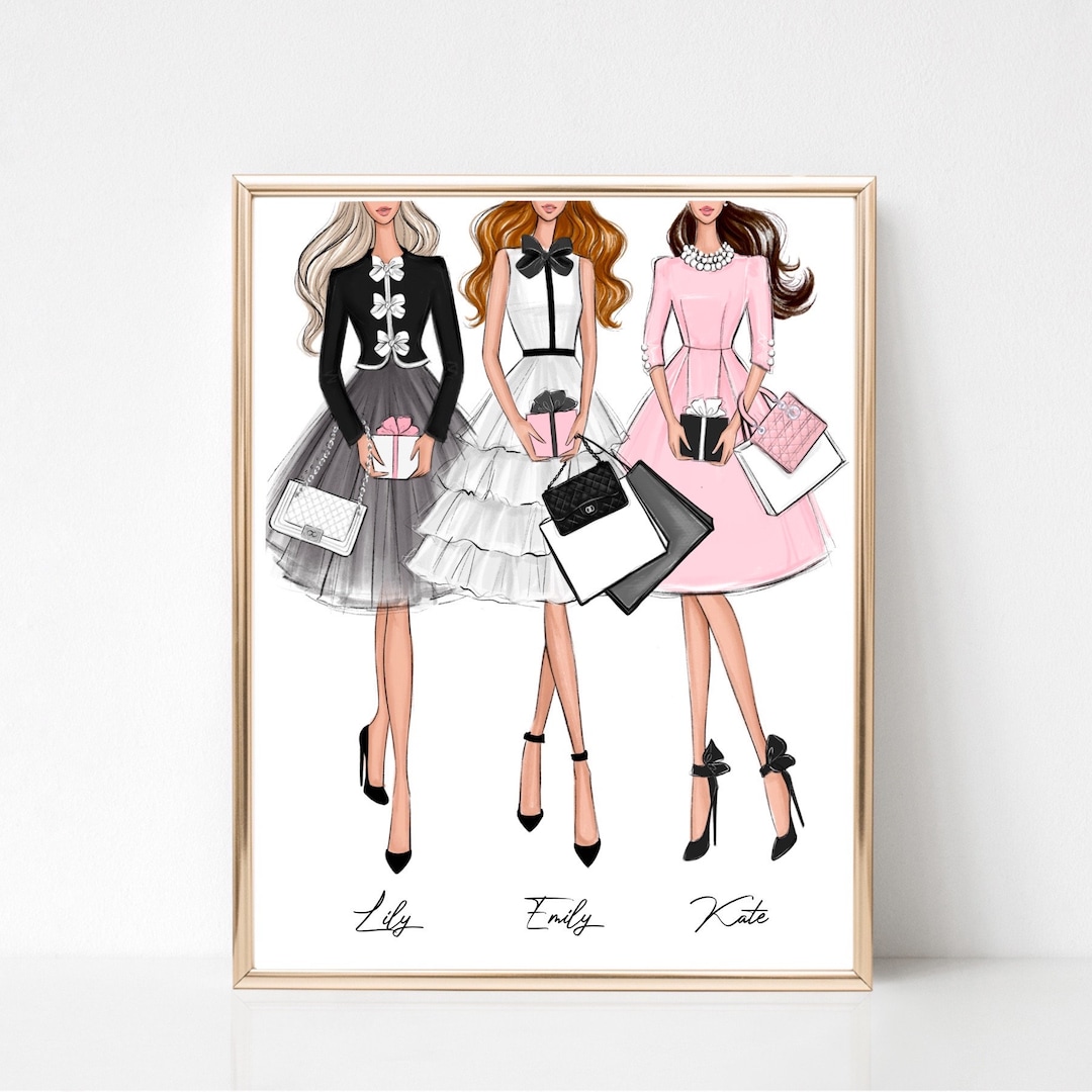Fashion Girls Art Print in Black and Blush Pink Dress, Girly Closet ...