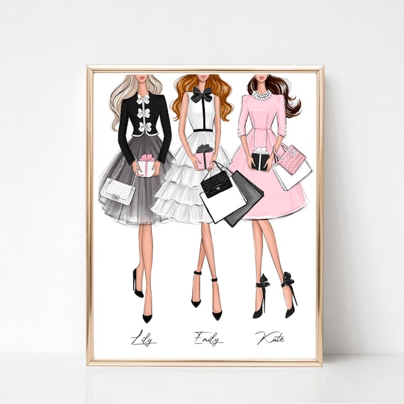 Fashion girls art print in black and blush pink dress, Girly closet wall art, Preppy drawing, Luxury wall art, fashion sketch print