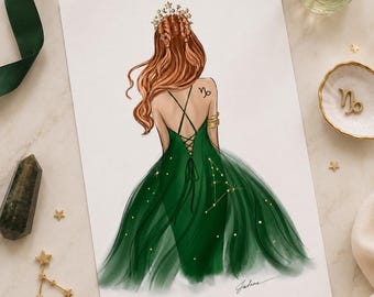 Capricorn sign art print, Zodiac fashion illustration,   Capricorn gift for her, Astrology print, Capricorn print, Capricorn zodiac print