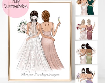 Impresión personalizada de arte de novia y dama de honor, retrato de novia madre dama de honor, arte de recuerdo de boda, impresión de fiesta nupcial