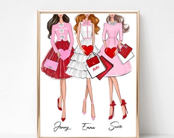 Galentines art print fashion sketch, Best friends print, Preppy girls print, teen girl wall art, Bestie gift, Valentines Day gift for her