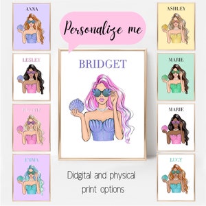 Custom mermaid girl fashion portrait for her, Personalized girly art print, Customizable fashion poster, Preppy room decor