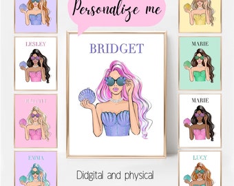 Custom mermaid girl fashion portrait for her, Personalized girly art print, Customizable fashion poster, Preppy room decor