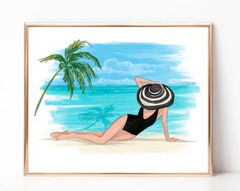 Chique strandmeisje mode-illustratie, zomermode kunstprint, glamour muurdecoratie, vakantievibes-kunstwerk, cadeau modeliefhebber