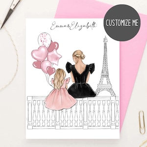 Carte de vœux personnalisée maman et fille à Paris, carte postale mode, carte personnalisée Tour Eiffel, papeterie Paris, carte nom personnalisée