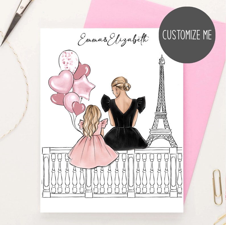 May include: A personalized illustration of two girls, one in a pink dress and the other in a black dress, standing on a balcony overlooking the Eiffel Tower. The illustration is titled "Emma & Elizabeth".