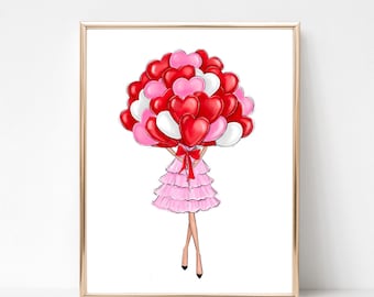 Girl with hearts balloons art print fashion illustration, Love art print, feminine art print, Galentines print, Valentines Day gift for her