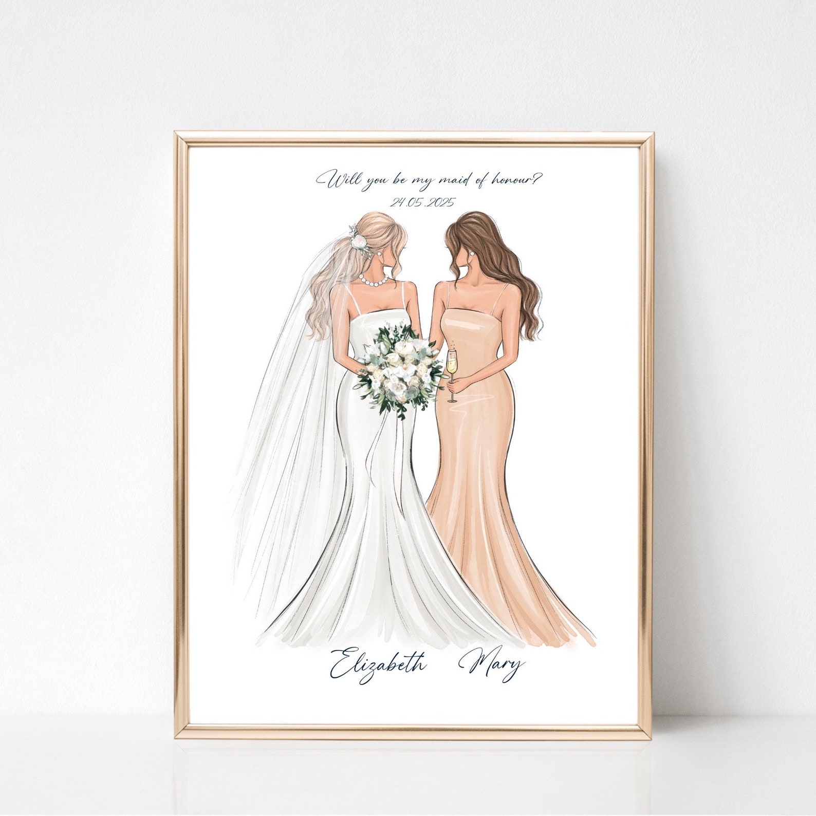 Custom Bride Bridesmaid Illustration, Personalized Bridesmaid Art Print ...