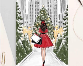 Personalized Christmas greeting card, Girly postcard for her, New York custom card, Christmas Fashion illustration card, Christmas tree card