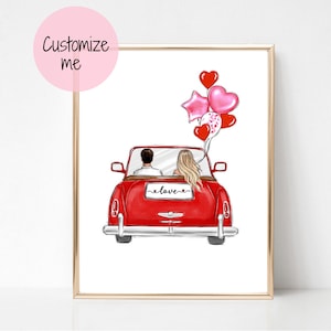 Love Fashion art print of couple in car, Valentines print fashion illustration poster, girly red wall art, Romantic art print in red