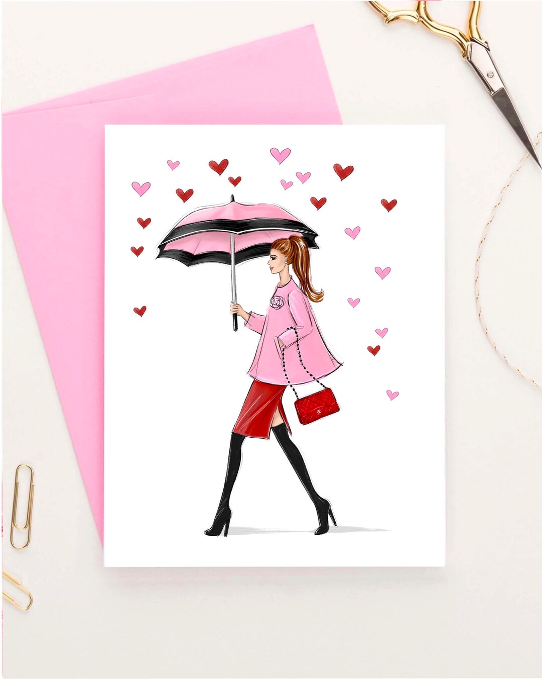 Personalized Valentine’s Day Card, Pink Red Hearts Rain Postcard for ...