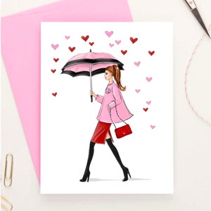 Cartão de Dia dos Namorados personalizado, cartão postal de chuva com corações vermelhos rosa para ela, cartão personalizado feminino, papel de carta para meninas da moda, cartão de nome personalizado