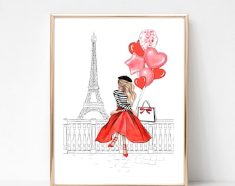 May include: A woman in a red skirt and a striped shirt stands in front of the Eiffel Tower holding a bunch of red and pink heart-shaped balloons. She is wearing a beret and carrying a white shopping bag.