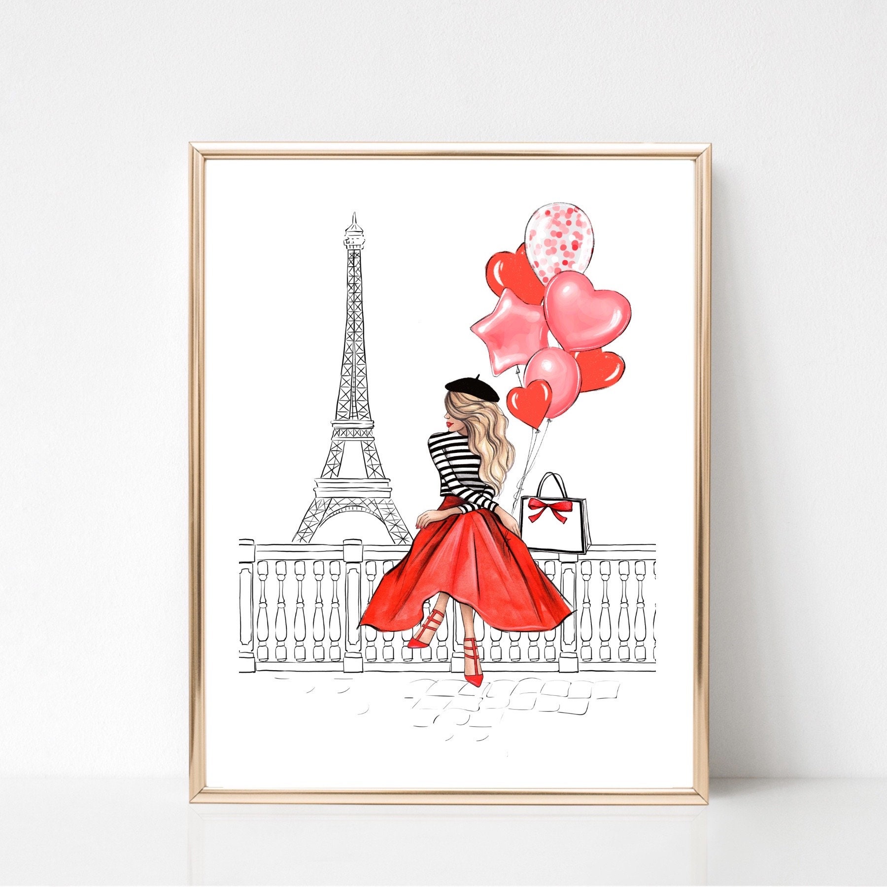 Girl in Paris fashion print, Romantic Paris art print, Preppy dorm decor, teen girly wall art, Girly poster, Valentines Day gift for her