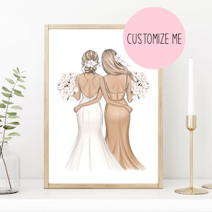 Personalized bridesmaid art print gift, Custom bride bridesmaid illustration, Maid of honor card, Bridal party print, Wedding keepsake art