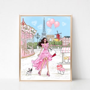 Girl in Paris art print fashion illustration, Girly art print, Spring in Paris fashion sketch, Girly bedroom prints, Preppy room decor