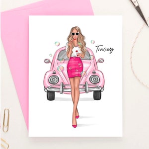 Personalisierte Name Valentinstag Karte, Rosa Rot Postkarte für Sie, Girly benutzerdefinierte Karte, Mode Mädchen stationär, Benutzerdefinierte Name Karte, rosa Auto