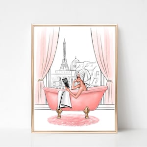 Illustration de mode imprimée fille dans la salle de bain Paris, croquis de mode girly de la Tour Eiffel, décoration murale de salle de bain girly, cadeau pour les amoureux de Paris