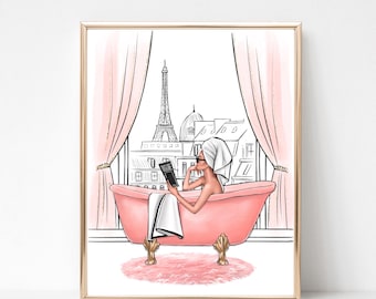 Girl in bathroom Paris art print fashion illustration, Eiffel Tower girly fashion sketch, Girly bathroom wall decor, Paris lover gift