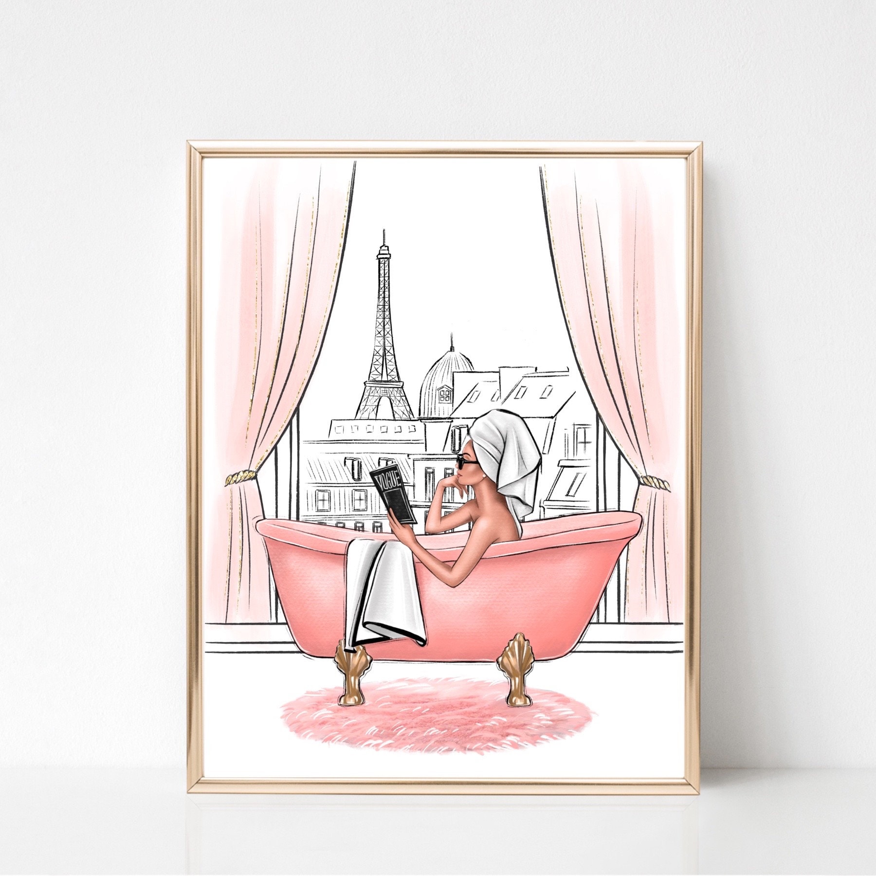 Girl in bathroom Paris art print fashion illustration, Eiffel Tower girly fashion sketch, Girly bathroom wall decor, Paris lover gift