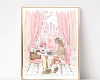 New York cafe Fashion Illustration Art Print, Girly Pink Wall Art, Chic Girl with Coffee and Laptop Art, Feminine Office and Bedroom Decor