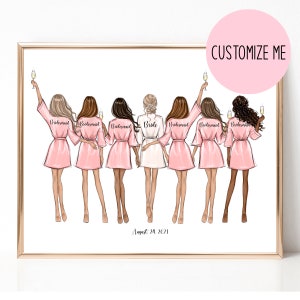 Gepersonaliseerde bruid en bruidsmeisje print, bruids douche cadeau illustratie, bruidsmeisje huwelijkscadeau, bruidsfeest print, bruiloft aandenken kunst