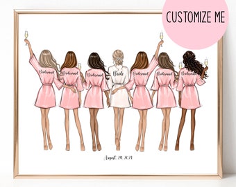Personalized bride and bridesmaid print, Bridal shower gift illustration, Bridesmaid wedding gift, Bridal party print, Wedding keepsake art