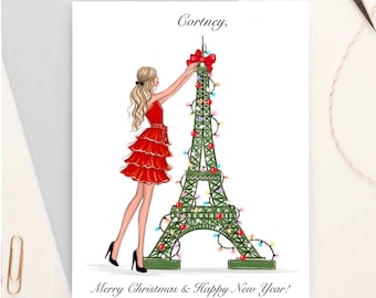 Gepersonaliseerde kerst in Parijs mode wenskaart, Girly ansichtkaart voor haar, Parijs aangepaste kerstkaart, mode aangepaste naamkaart