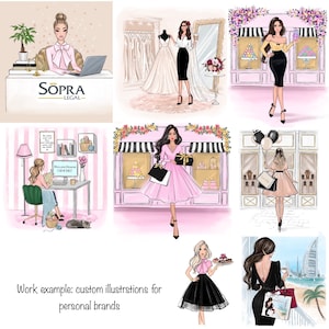 May include: A collection of illustrations featuring women in various settings. One illustration shows a woman in a pink dress holding a gift box in front of a pink storefront with a striped awning. Another illustration shows a woman in a black dress holding a plate of pastries in front of a pink storefront with a striped awning. Another illustration shows a woman in a black dress holding a glass of wine in front of a beach scene with a skyscraper in the background. The text "Work example: custom illustrations for personal brands" is at the bottom of the image.