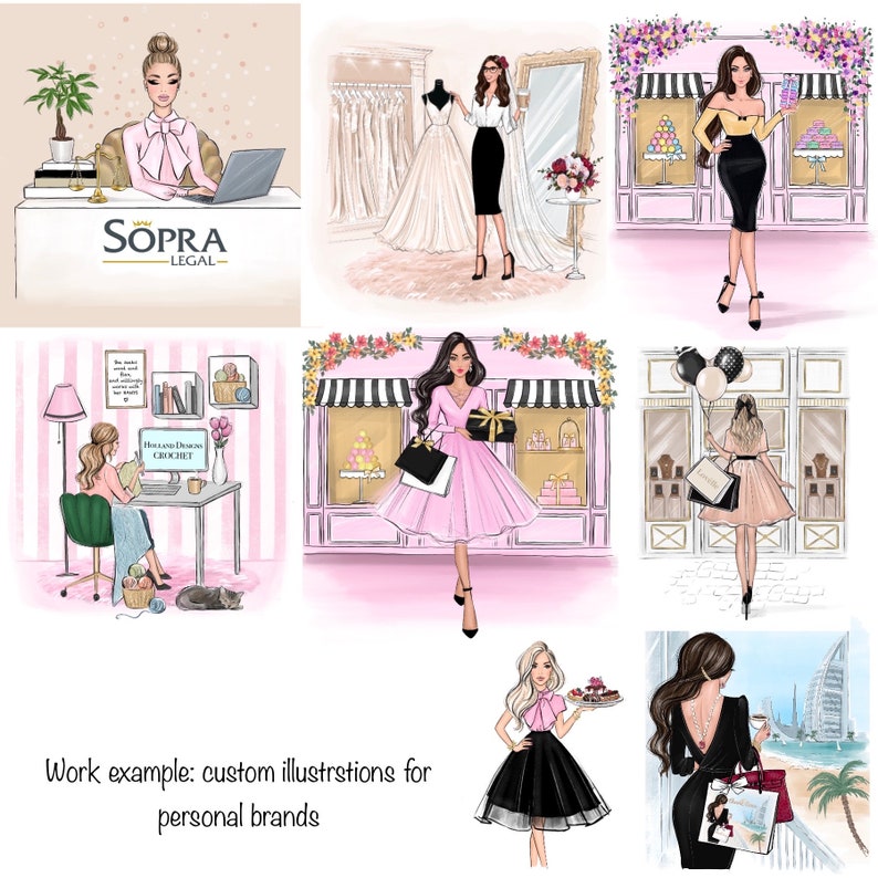 May include: A collection of illustrations featuring women in various settings. One illustration shows a woman in a pink dress holding a gift box in front of a pink storefront with a striped awning. Another illustration shows a woman in a black dress holding a plate of pastries in front of a pink storefront with a striped awning. Another illustration shows a woman in a black dress holding a glass of wine in front of a beach scene with a skyscraper in the background. The text "Work example: custom illustrations for personal brands" is at the bottom of the image.