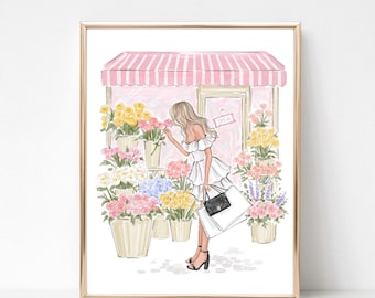 Ilustración de moda femenina personalizada en acuarela, impresión artística floral primaveral, boceto de floristería, decoración de pared femenina y elegante.