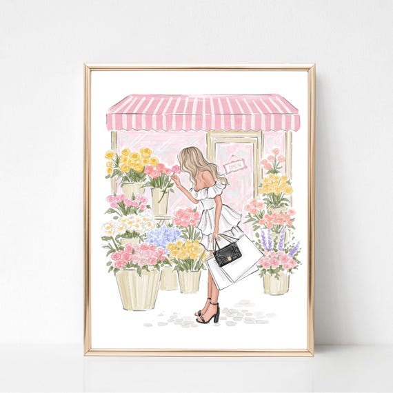 Personalized Girly Watercolor Fashion Illustration, Spring Floral Art Print, Flower shop sketch, Chic Feminine wall decor