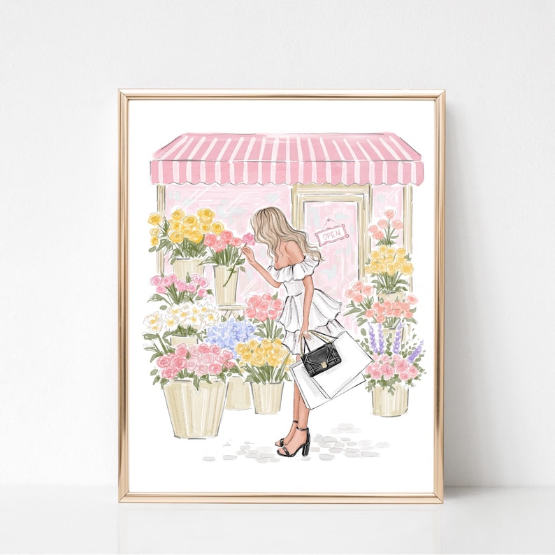 May include: Illustration of a woman in a white dress smelling a flower outside a flower shop. The shop has a pink and white striped awning and various flower arrangements in beige pots. The woman is holding shopping bags and wearing black heels.