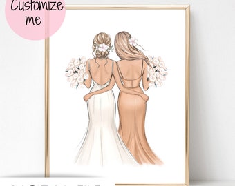 Digital download bride and bridesmaid personalized illustration, Maid of honor art print, wedding drawing, bridesmaid keepsakes, bride to be