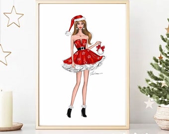 Santa Girl Fashion Illustration Art Print: Christmas Wall Decor
