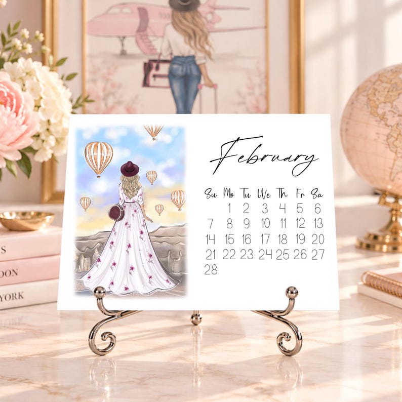 Pode incluir: Um calend&aacute;rio de mesa para fevereiro com fundo branco, texto preto e uma ilustra&ccedil;&atilde;o colorida de uma pessoa com um vestido longo floral e chap&eacute;u diante de uma paisagem com bal&otilde;es de ar quente num c&eacute;u azul e amarelo.