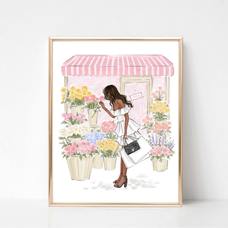May include: Illustration of a woman in a white dress smelling flowers outside a flower shop. The shop has a pink and white striped awning and the word "OPEN" on the door. The image is framed in gold.