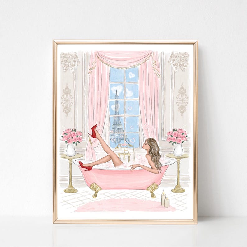 May include: A framed art print depicts a woman in a pink bathtub with red heels, bubbles, and a view of the Eiffel Tower. The room has pink curtains, floral arrangements, and gold accents, creating a luxurious and feminine aesthetic.
