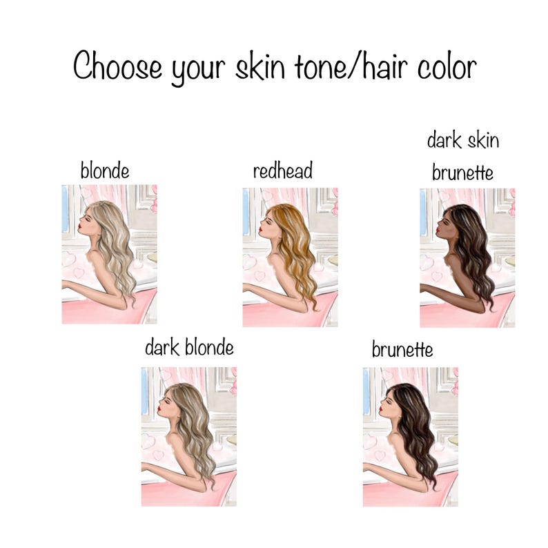 May include: An illustration with the text "Choose your skin tone/hair color." The image features five drawings of women with different hair colors: blonde, redhead, dark blonde, and two brunettes. Each woman is depicted from the side.