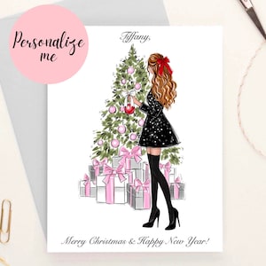 Personalisierte Weihnachtskarte, Girly Postkarte für sie, benutzerdefinierte Karte, Weihnachtsmode-Illustrationskarte, benutzerdefinierte Namenskarte