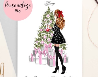 Personalized Christmas greeting card, Girly postcard for her, custom card, Christmas Fashion illustration card, Custom name card