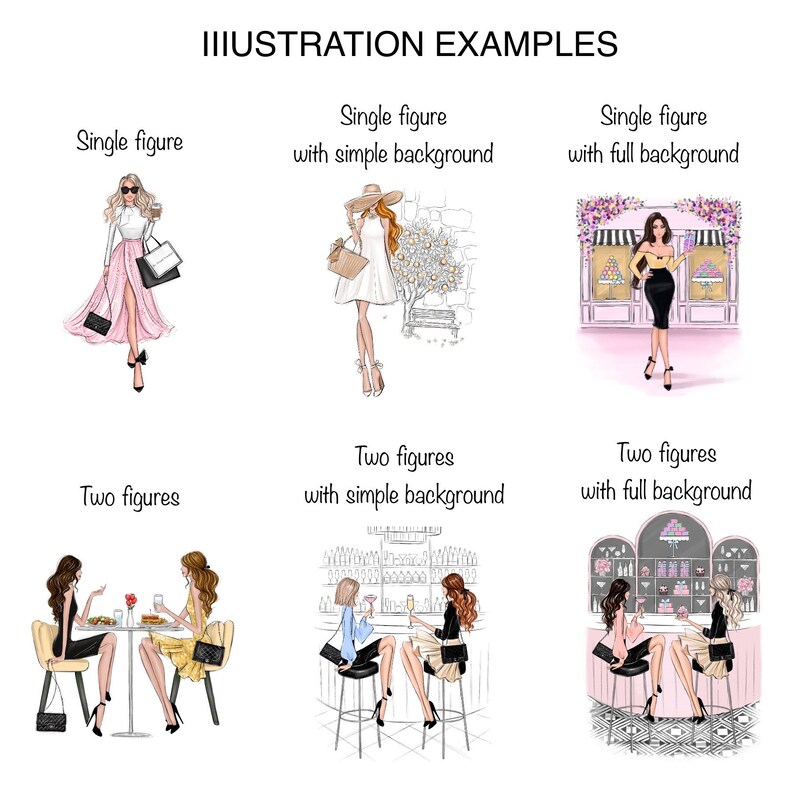 May include: Four illustrations showing different styles of fashion illustrations. The first row shows a single figure with no background, a single figure with a simple background, and a single figure with a full background. The second row shows two figures with a simple background and two figures with a full background.