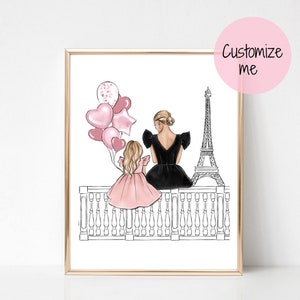 Mom and daughter in Paris art print fashion illustration, Mom of girl wall art, Gift for girl mum, Mother and daughter illustration