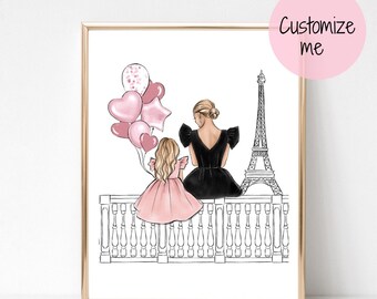 Moeder en dochter in Parijs kunst print mode illustratie, moeder van meisje kunst aan de muur, cadeau voor meisje moeder, moeder en dochter illustratie