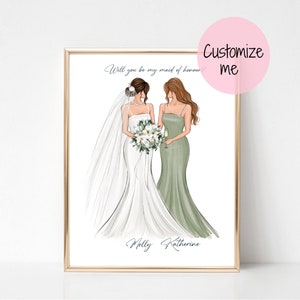 Benutzerdefinierte Braut Brautjungfer Illustration, personalisierte Brautjungfer Kunstdruck Geschenk, Trauzeugin Karte, Braut Party Druck, Hochzeit Andenken Kunst