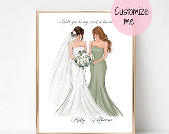 Custom bride bridesmaid illustration, Personalized bridesmaid art print gift, Maid of honor card, Bridal party print, Wedding keepsake art